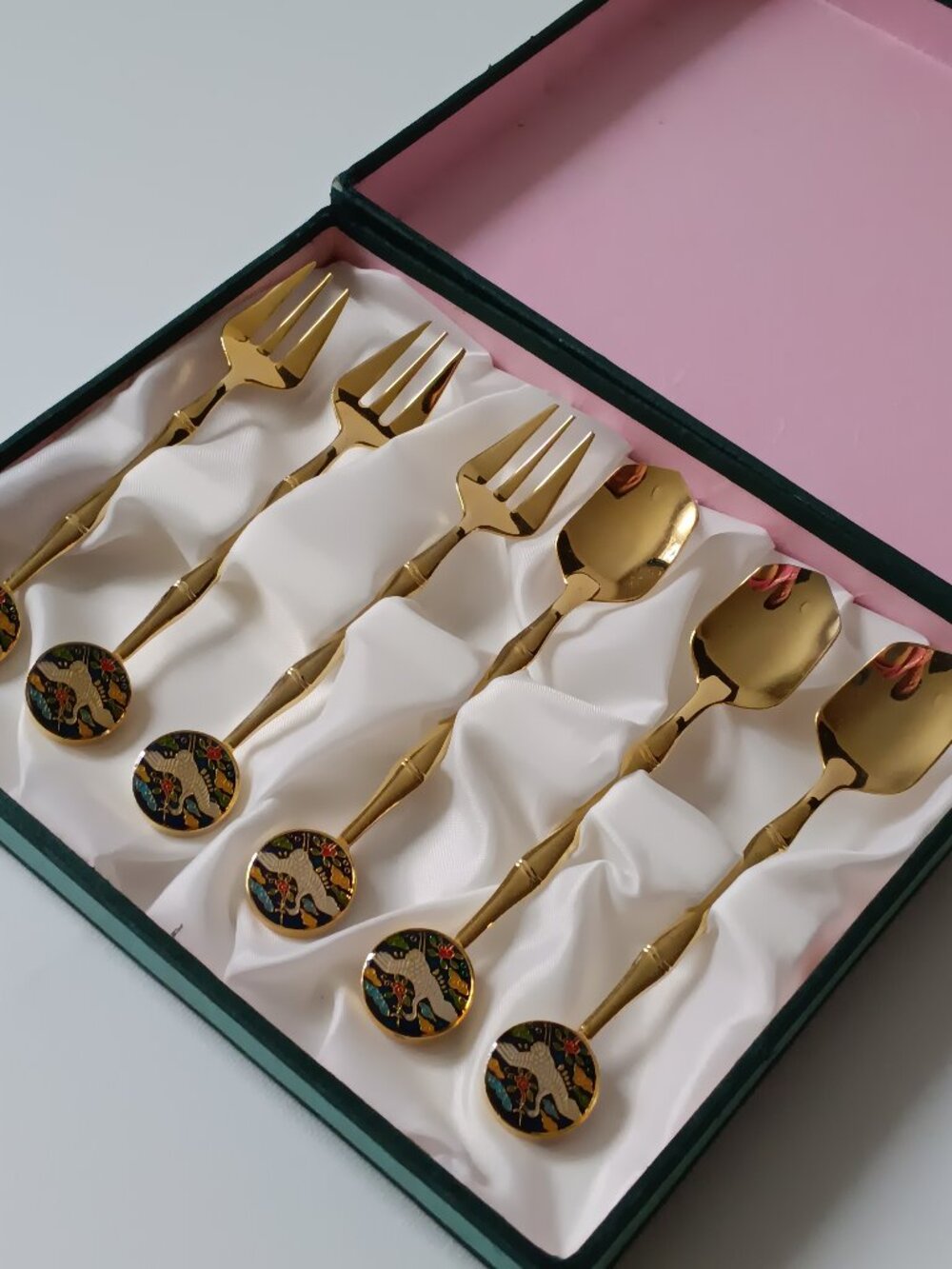 Enamel Art Tops w/Gold Tone Forks and Spoons  in Box